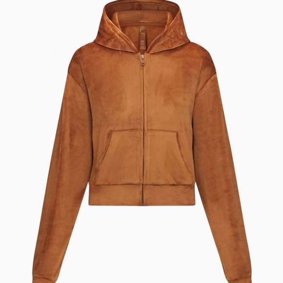 SKIMS Copper Brown SIENNA Zip Crop Velvet Jacket Hoodie Hooded Full Zip Up Small - Picture 1 of 9